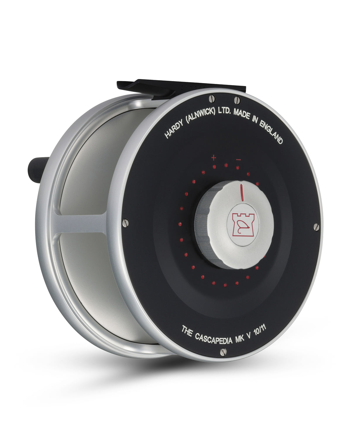 Hardy Cascapedia MK V fly reel in silver and black, handcrafted in Alnwick, England.