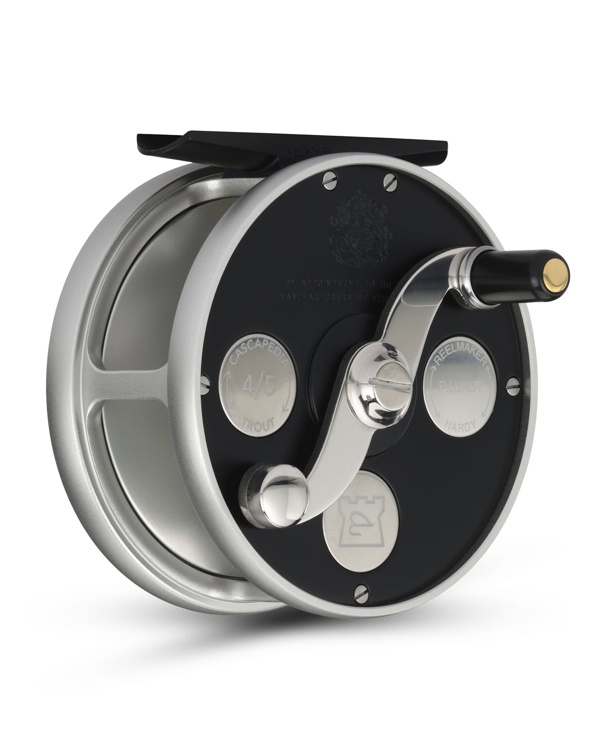 Hardy Cascapedia fly reel in silver and black with classic click-check design.