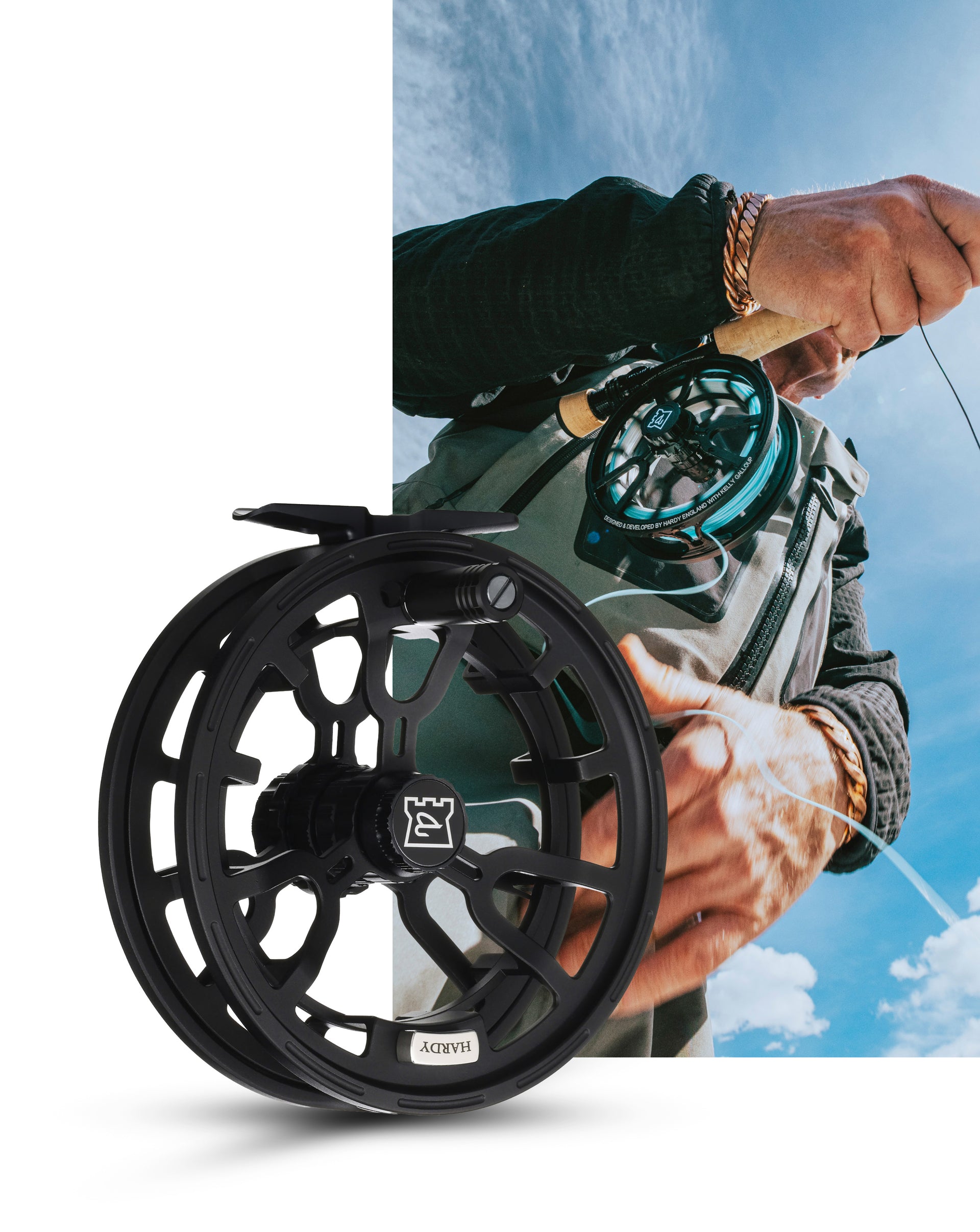 Fishing reel with a person fishing in the background