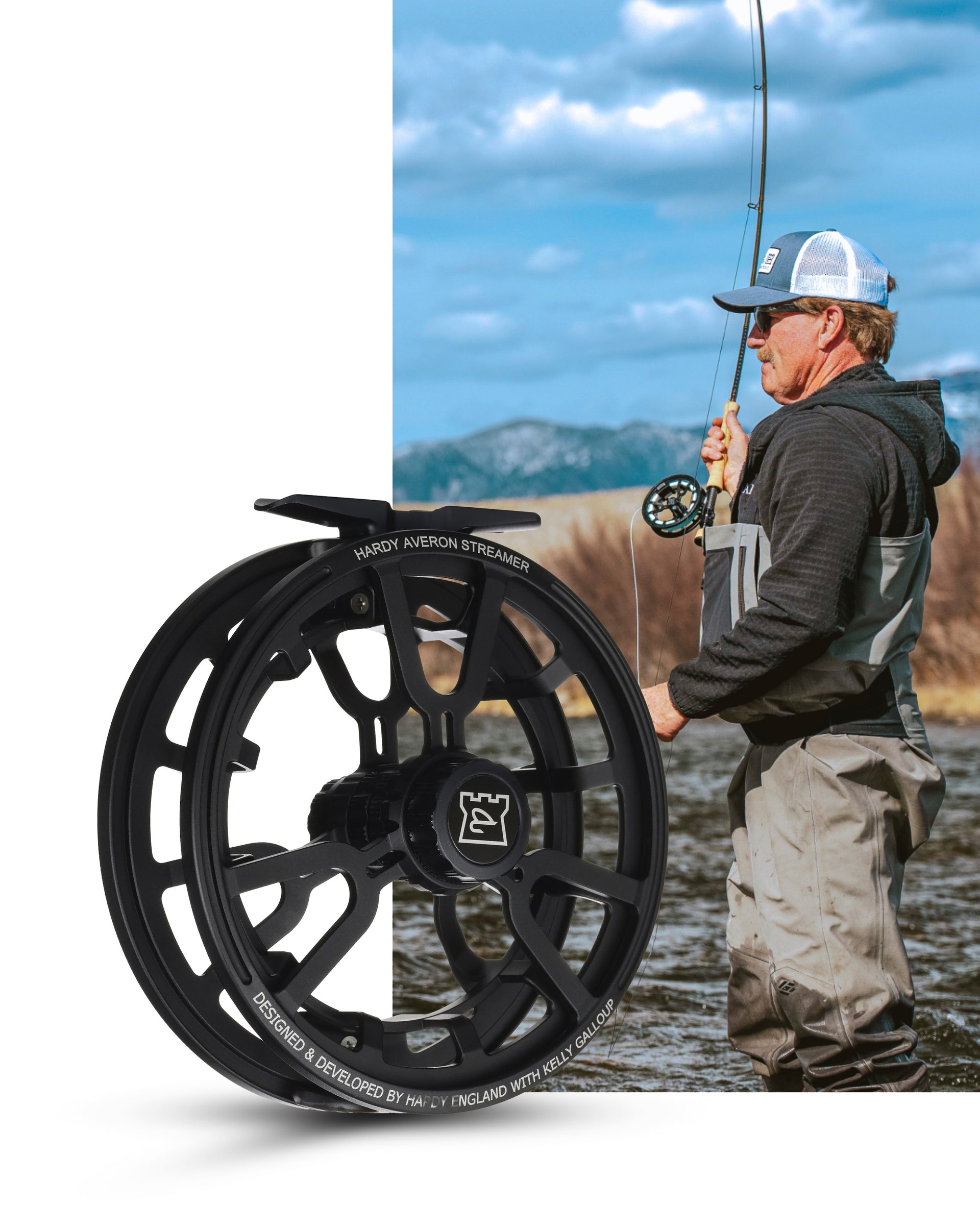Fishing reel with a person fishing in the background