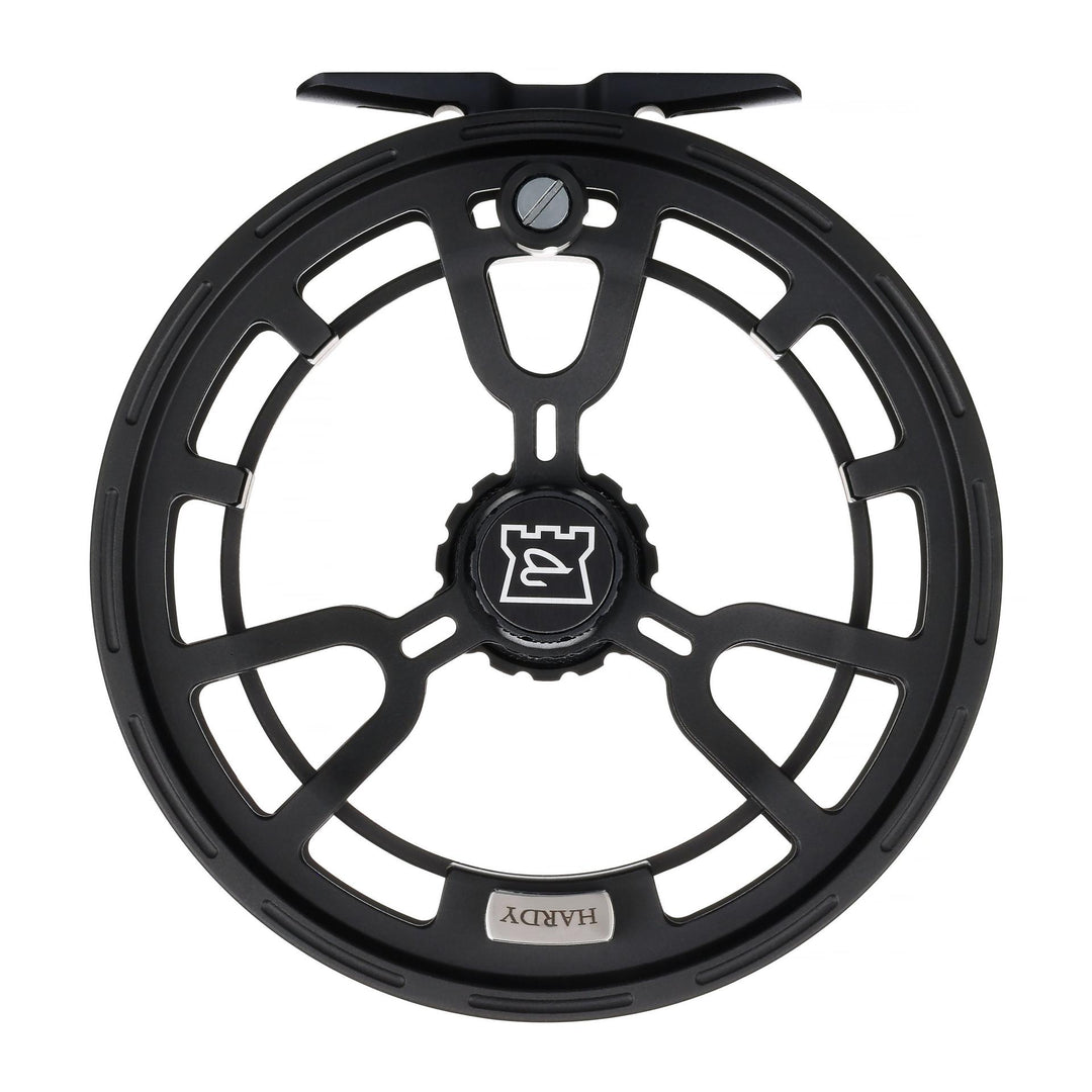 Hardy Averon Streamer fly reel, matte black large-arbor reel with castle-logo drag knob, front view