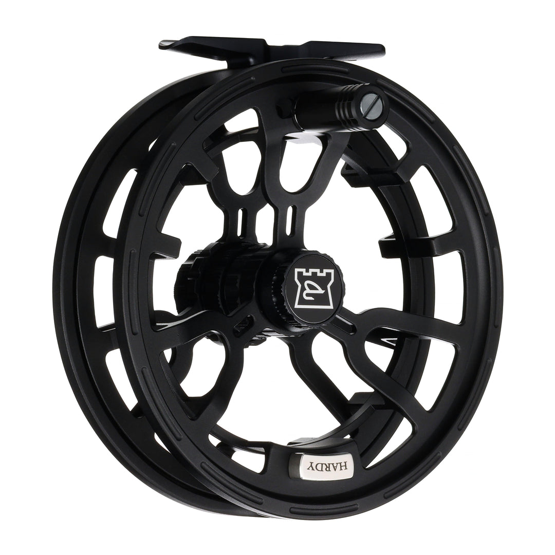 Hardy Averon Streamer fly reel three-quarter view showing the oversized counterbalanced handle and wide ported spool