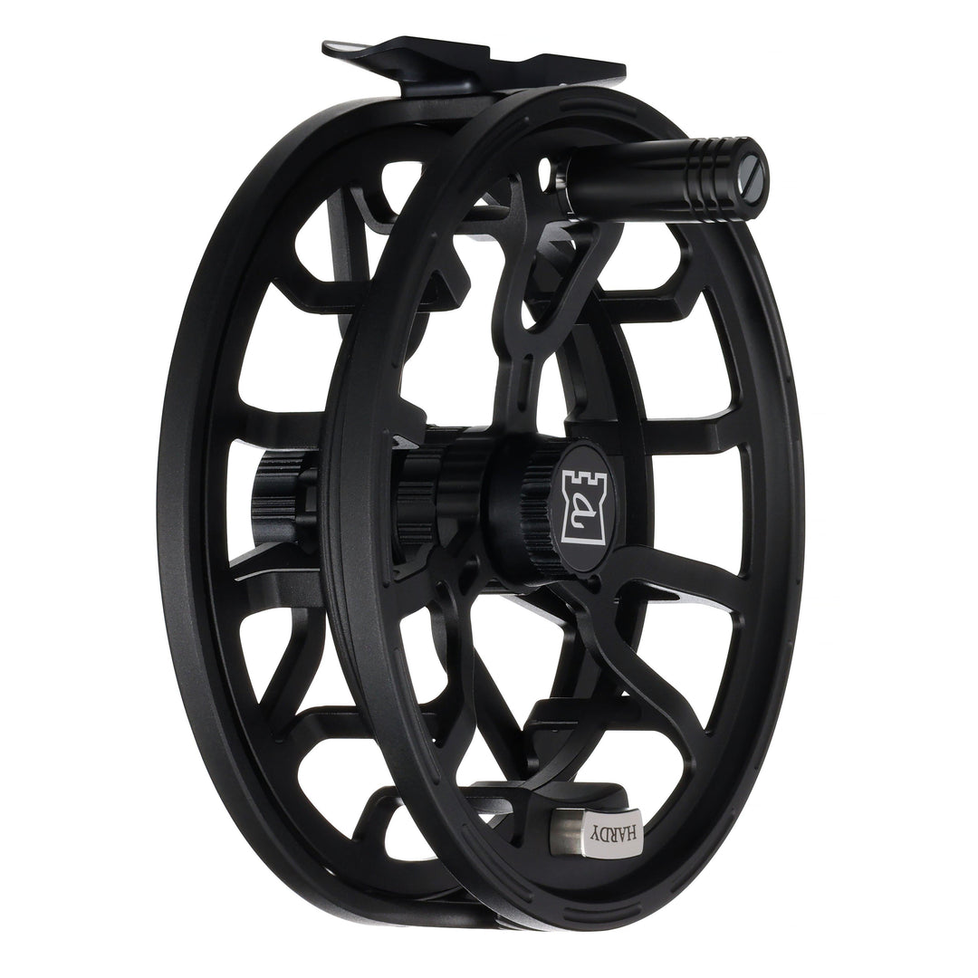 Hardy Averon Streamer fly reel, three-quarter angle showing the wide ported large-arbor spool and castle-logo drag knob