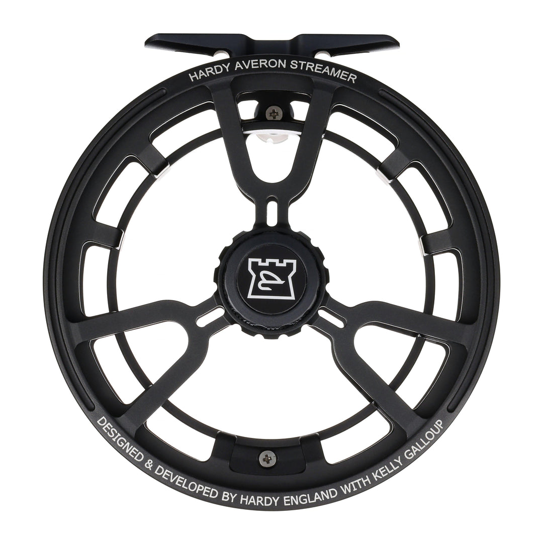 Hardy Averon Streamer fly reel, rear spool view, engraved "Hardy Averon Streamer — Designed & Developed by Hardy England with Kelly Galloup"