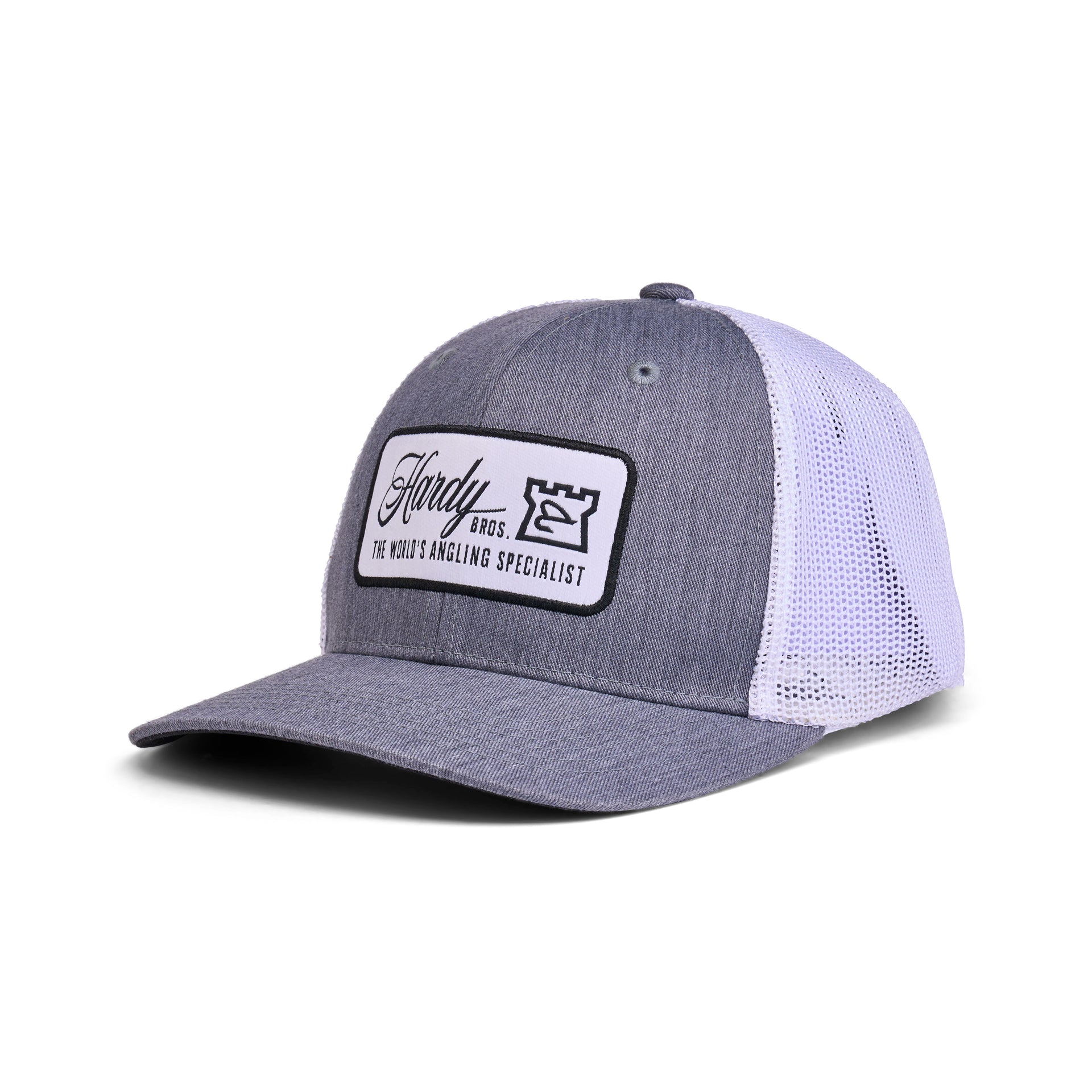 Hardy grey front trucker hat with white mesh and hardy patch logo on white background